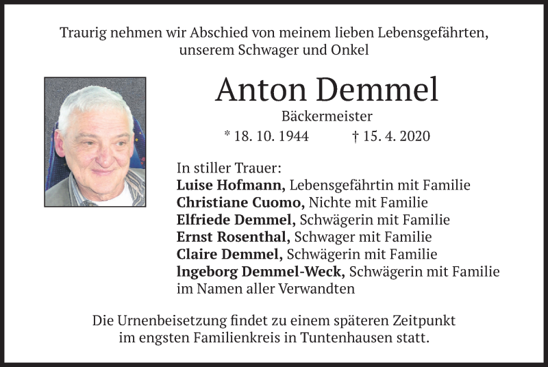 Traueranzeigen Von Anton Demmel 