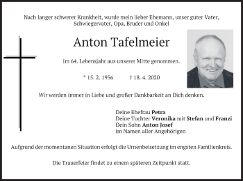 Traueranzeige von Anton Tafelmeier von merkurtz