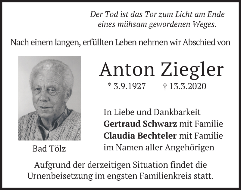  Traueranzeige für Anton Ziegler vom 25.04.2020 aus merkurtz