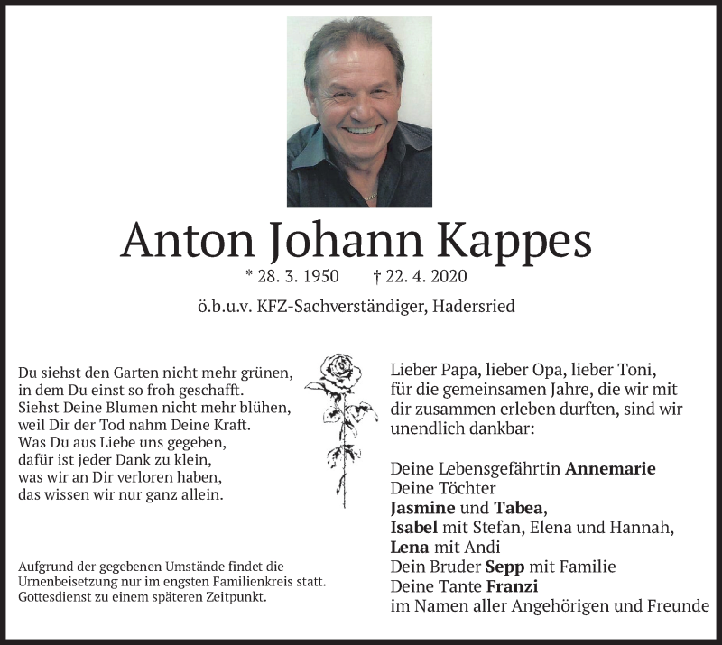  Traueranzeige für Anton Johann Kappes vom 25.04.2020 aus merkurtz