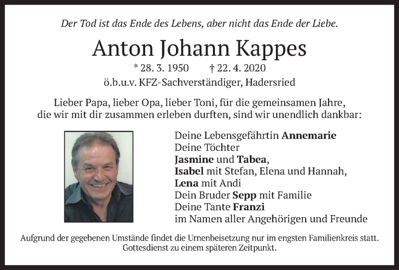  Traueranzeige für Anton Johann Kappes vom 30.04.2020 aus merkurtz