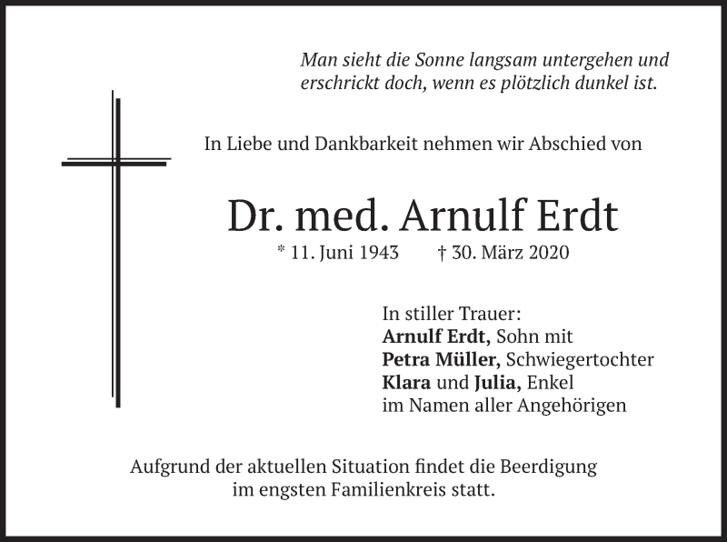  Traueranzeige für Arnulf Erdt vom 02.04.2020 aus merkurtz