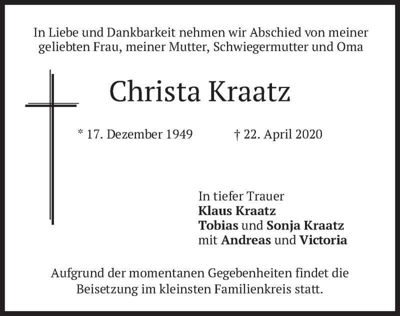  Traueranzeige für Christa Kraatz vom 25.04.2020 aus merkurtz