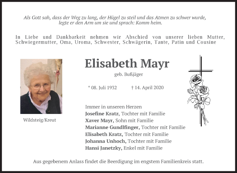  Traueranzeige für Elisabeth Mayr vom 17.04.2020 aus merkurtz