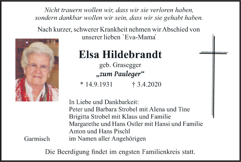  Traueranzeige für Elsa Hildebrandt vom 07.04.2020 aus merkurtz