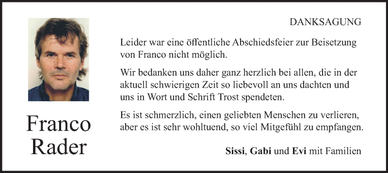  Traueranzeige für Franco Rader vom 04.04.2020 aus merkurtz