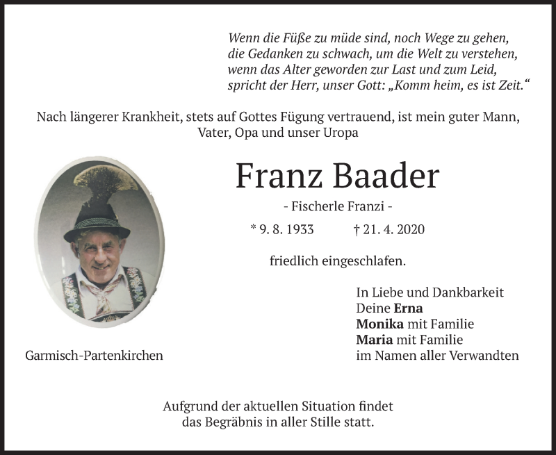  Traueranzeige für Franz Baader vom 23.04.2020 aus merkurtz