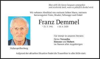 Traueranzeigen Von Franz Demmel 