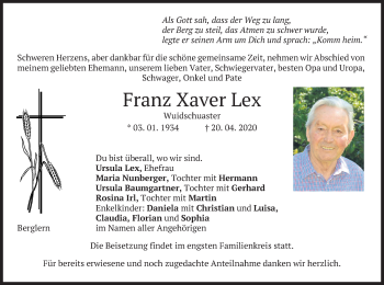 Traueranzeige von Franz Xaver Lex von merkurtz