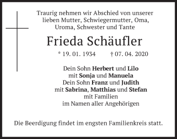 Traueranzeige von Frieda Schäufler