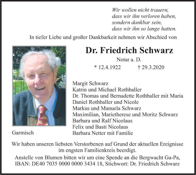  Traueranzeige für Friedrich Schwarz vom 04.04.2020 aus merkurtz