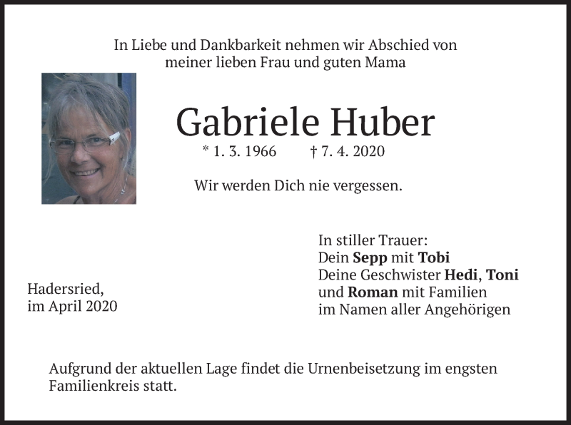  Traueranzeige für Gabriele Huber vom 11.04.2020 aus merkurtz