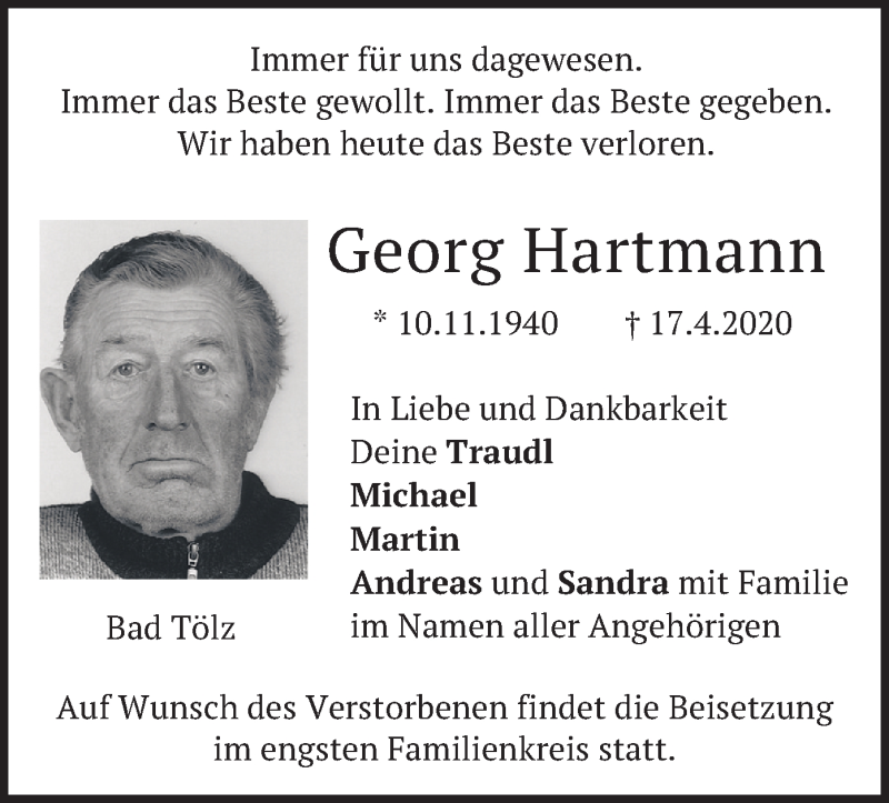  Traueranzeige für Georg Hartmann vom 21.04.2020 aus merkurtz