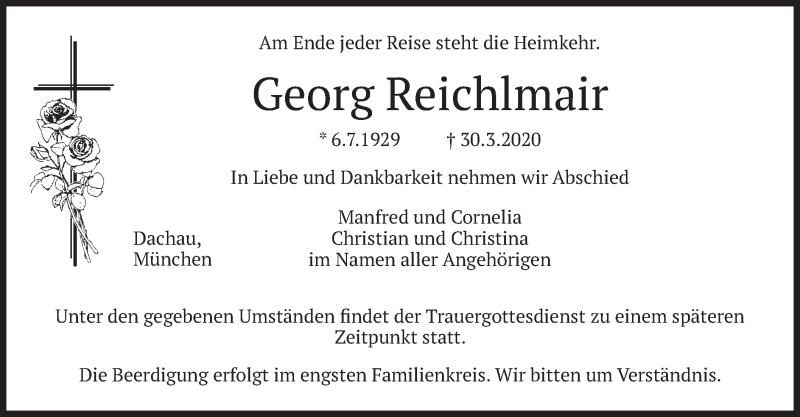  Traueranzeige für Georg Reichlmair vom 01.04.2020 aus merkurtz