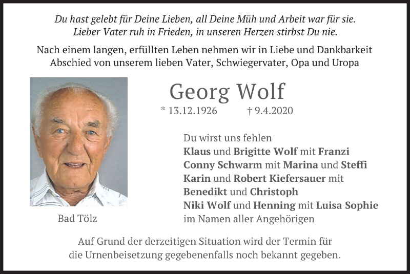 Traueranzeige für Georg Wolf vom 15.04.2020 aus merkurtz