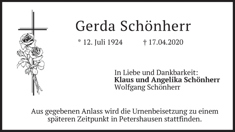  Traueranzeige für Gerda Schönherr vom 25.04.2020 aus merkurtz