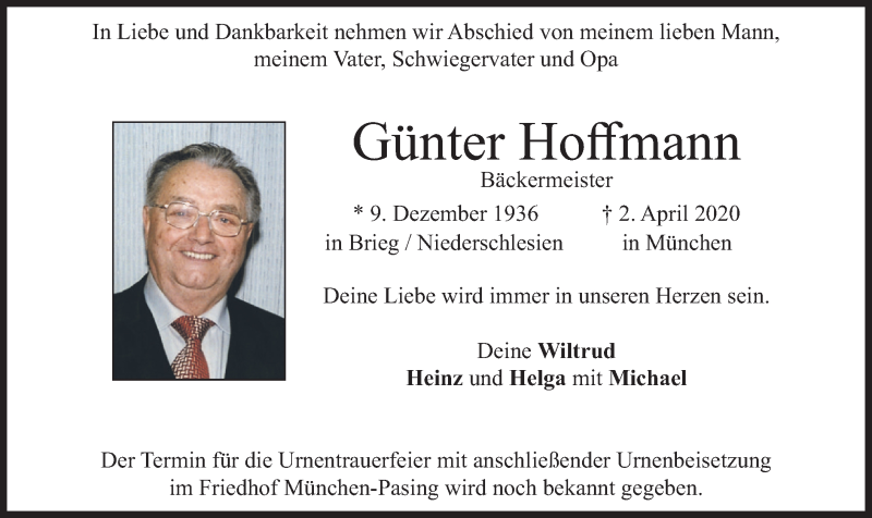  Traueranzeige für Günter Hoffmann vom 11.04.2020 aus merkurtz