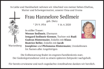 Traueranzeige von Hannelore Sedlmeir von merkurtz