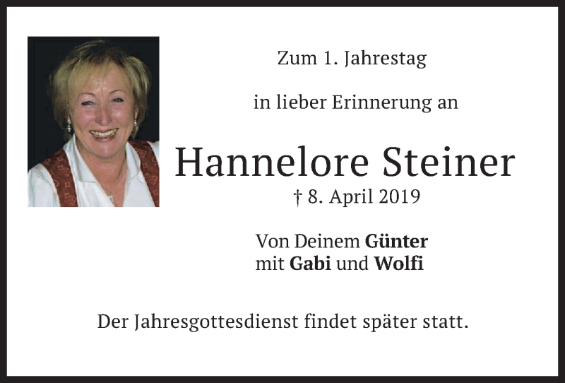  Traueranzeige für Hannelore Steiner vom 08.04.2020 aus merkurtz