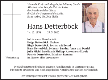 Traueranzeige von Hans Detterböck von merkurtz