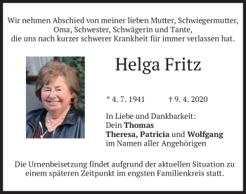 Traueranzeige von Helga Fritz von merkurtz
