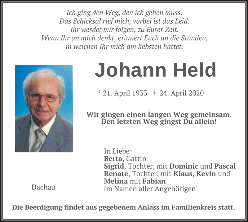  Traueranzeige für Johann Held vom 27.04.2020 aus merkurtz