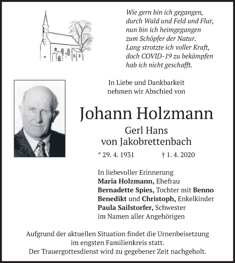  Traueranzeige für Johann Holzmann vom 04.04.2020 aus merkurtz
