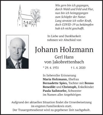 Traueranzeige von Johann Holzmann von merkurtz