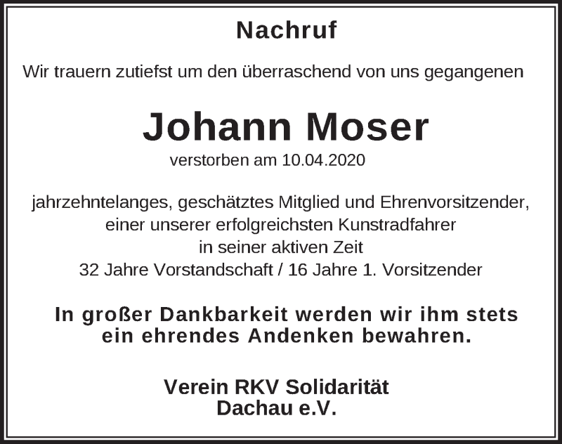  Traueranzeige für Johann Moser vom 15.04.2020 aus merkurtz