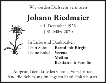 Traueranzeige von Johann Riedmaier