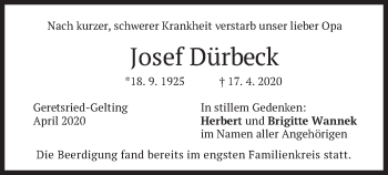 Traueranzeige von Josef Dürbeck von merkurtz