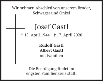 Traueranzeige von Josef Gastl