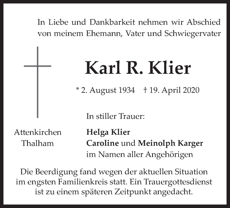  Traueranzeige für Karl  Klier vom 25.04.2020 aus merkurtz