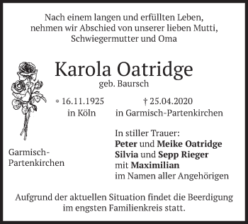 Traueranzeige von Karola Oatridge von merkurtz