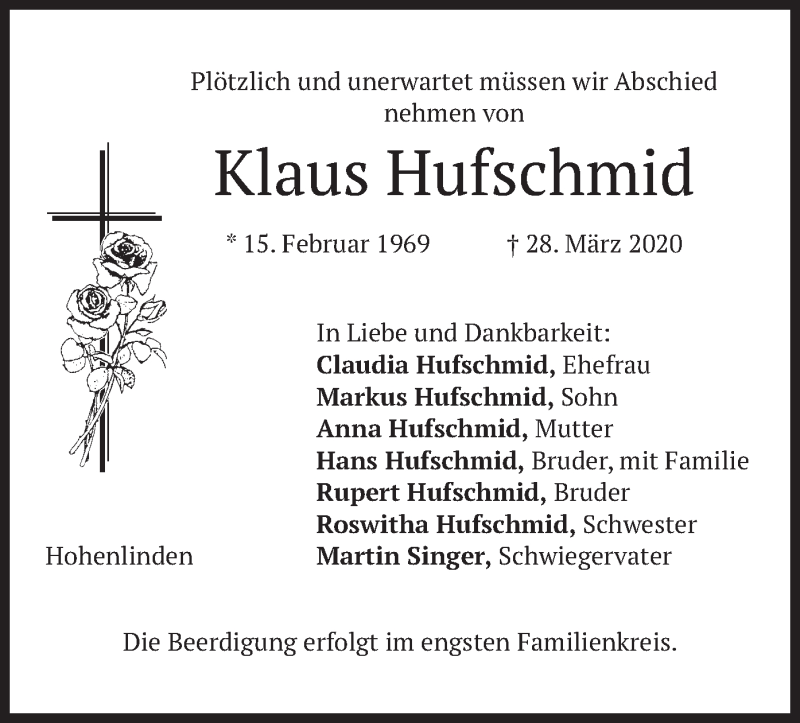  Traueranzeige für Klaus Hufschmid vom 01.04.2020 aus merkurtz