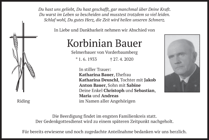  Traueranzeige für Korbinian Bauer vom 30.04.2020 aus merkurtz