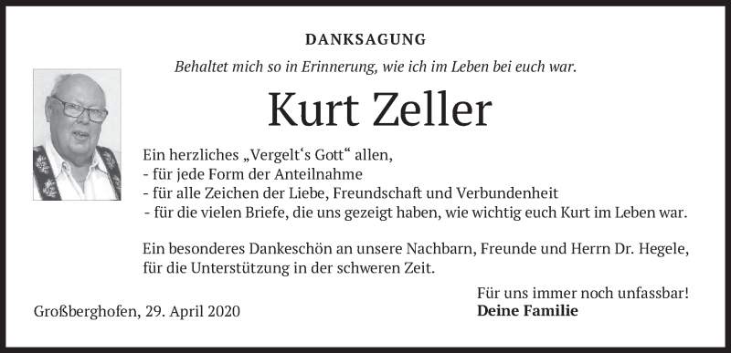  Traueranzeige für Kurt Zeller vom 29.04.2020 aus merkurtz