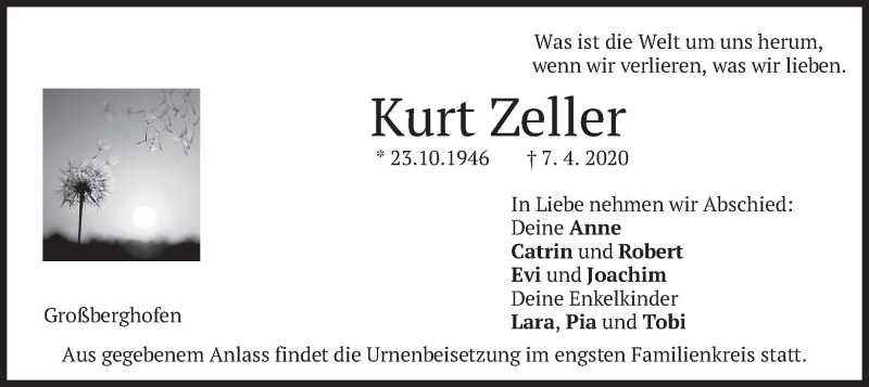  Traueranzeige für Kurt Zeller vom 09.04.2020 aus merkurtz