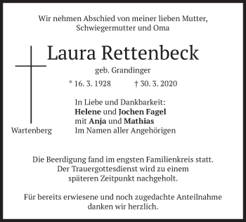 Traueranzeige von Laura Rettenbeck von merkurtz