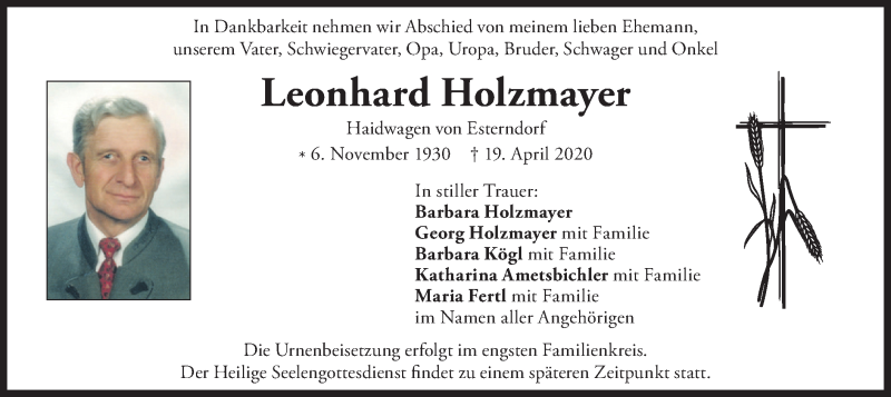  Traueranzeige für Leonhard Holzmayer vom 22.04.2020 aus merkurtz
