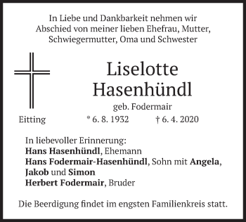 Traueranzeige von Liselotte Hasenhündl von merkurtz