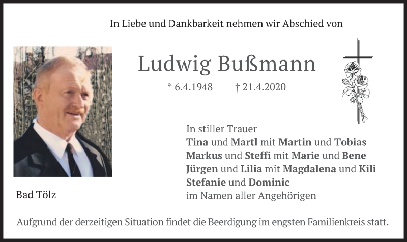  Traueranzeige für Ludwig Bußmann vom 24.04.2020 aus merkurtz