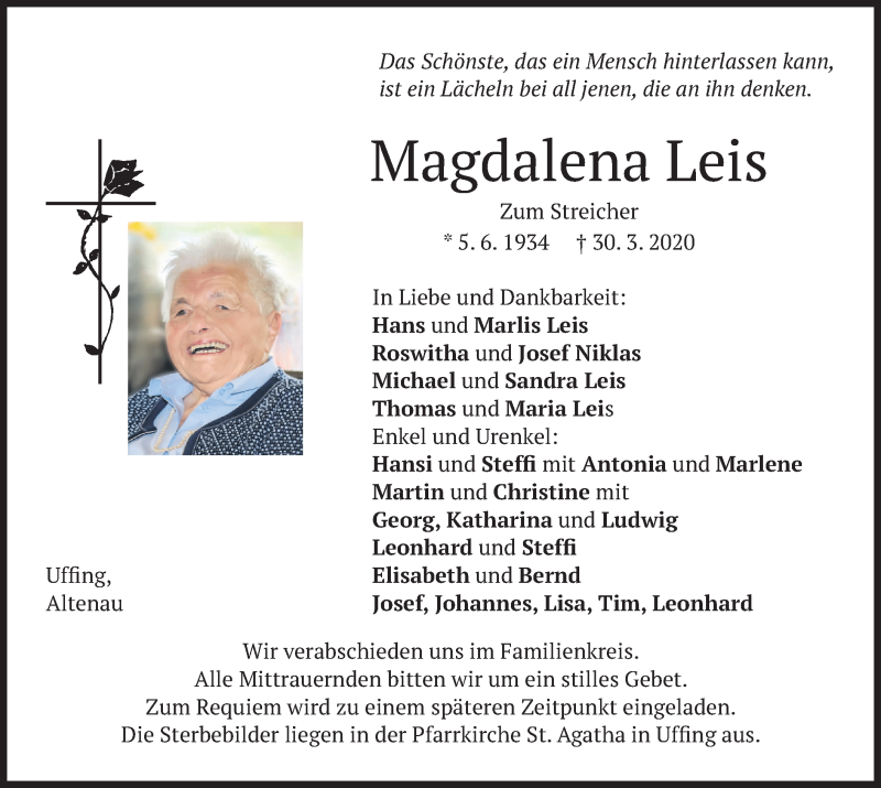 Traueranzeige für Magdalena Leis vom 02.04.2020 aus merkurtz