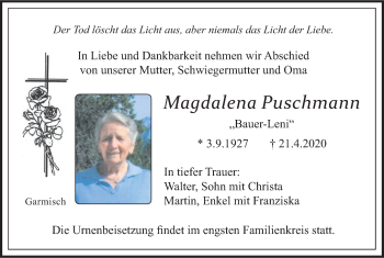 Traueranzeige von Magdalena Puschmann von merkurtz