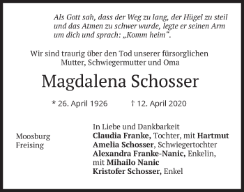 Traueranzeige von Magdalena Schosser von merkurtz