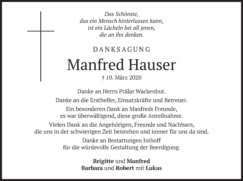  Traueranzeige für Manfred Hauser vom 08.04.2020 aus merkurtz