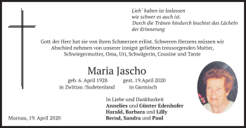 Traueranzeige von Maria Jascho von merkurtz