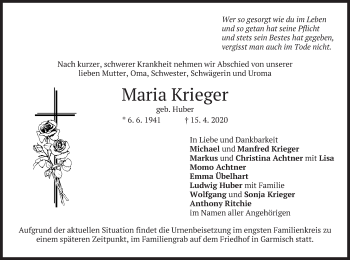 Traueranzeige von Maria Krieger von merkurtz