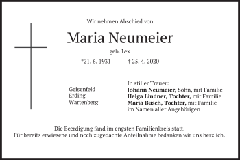 Traueranzeige von Maria Neumeier von merkurtz