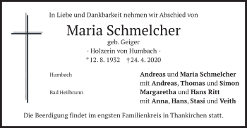 Traueranzeige von Maria Schmelcher von merkurtz